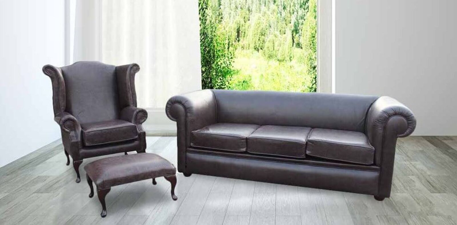 Product photograph of Chesterfield Hampton 3 Seater Settee Wing Chair Footstool Old English Smoke Leather Sofa Suite Offer from Designer Sofas 4U