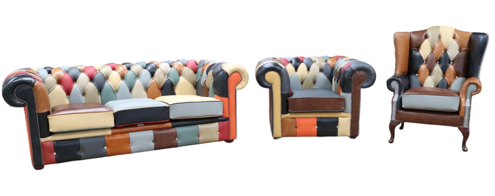 Product photograph of Chesterfield Harlequin Patchwork Leather 3 Seater Club Chair Flat Wing Queen Anne Chair Leather Sofa Offer from Designer Sofas 4U