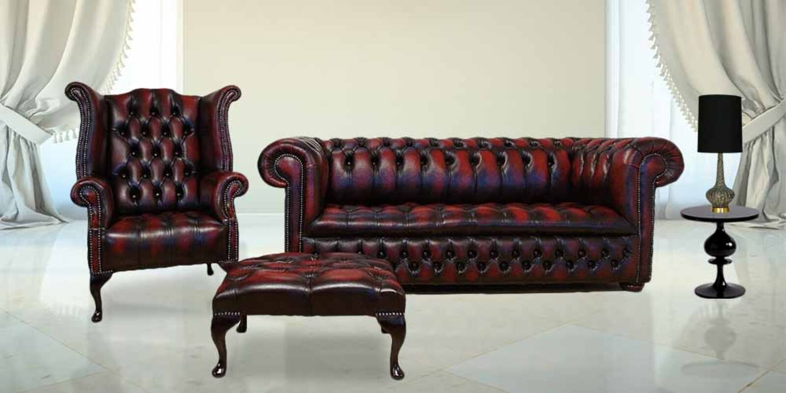 Product photograph of Chesterfield Leather Sofa Buttoned Seat 3 1 Footstool from Designer Sofas 4U