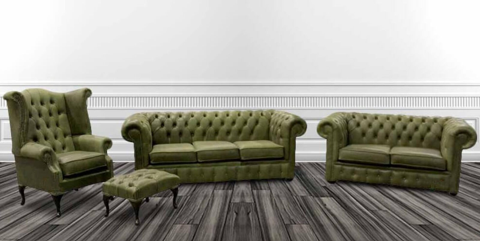 Product photograph of Chesterfield Leather Suite 3 Seater Settee 2 Seater Queen Anne Armchair And Footstool Selvaggio Sage Green Offer from Designer Sofas 4U