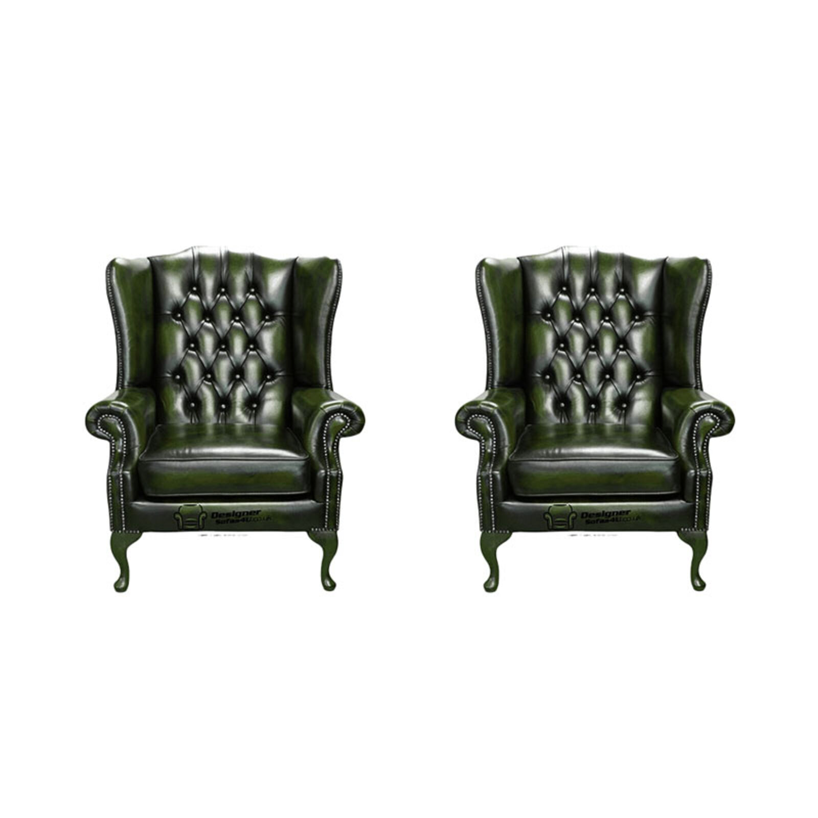 Product photograph of Chesterfield 2 X Mallory Wing Chair Leather Sofa Suite Offer Antique Green from Designer Sofas 4U