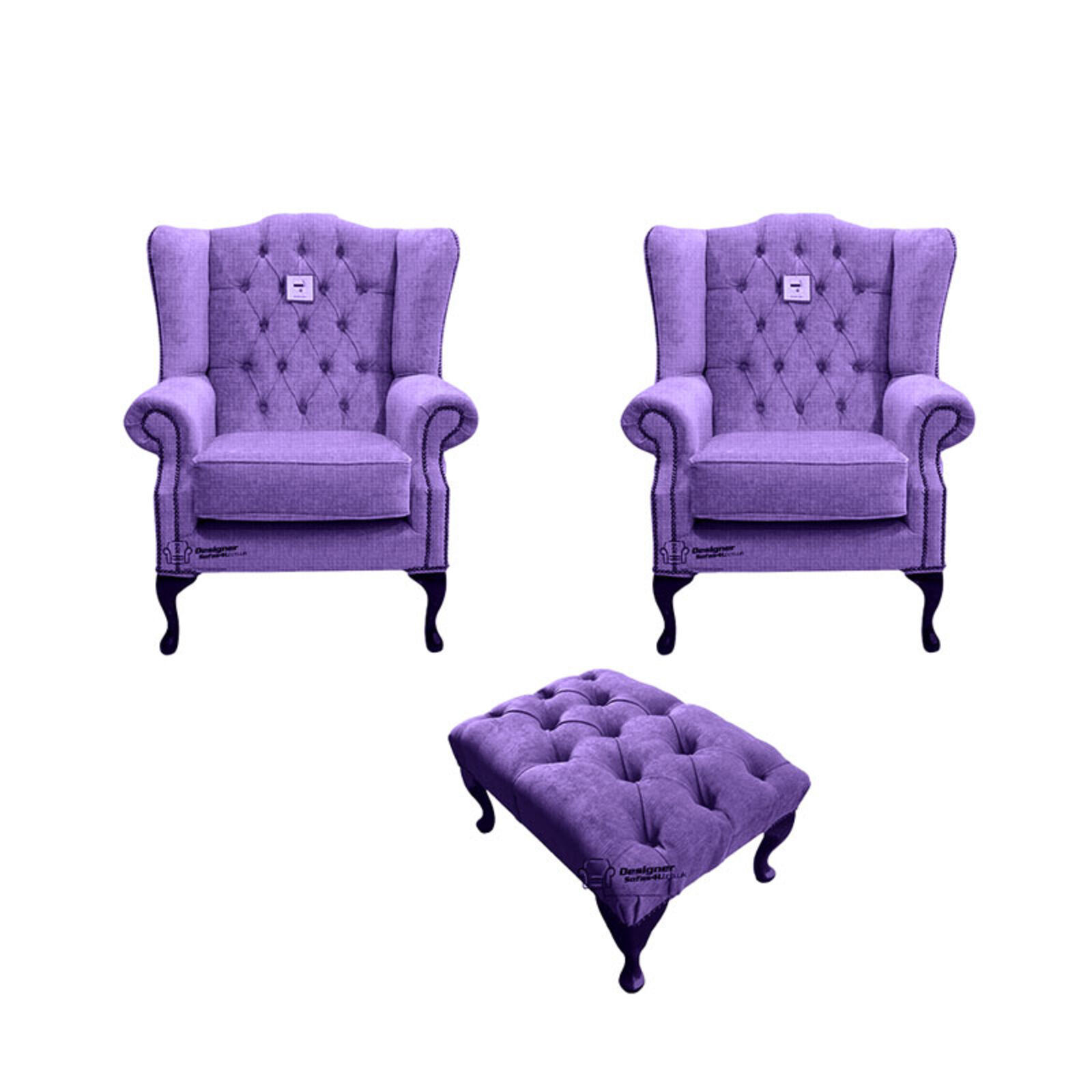 Product photograph of Chesterfield 2 X Mallory Wing Chairs Footstool Verity Purple Fabric Sofa Suite Offer from Designer Sofas 4U