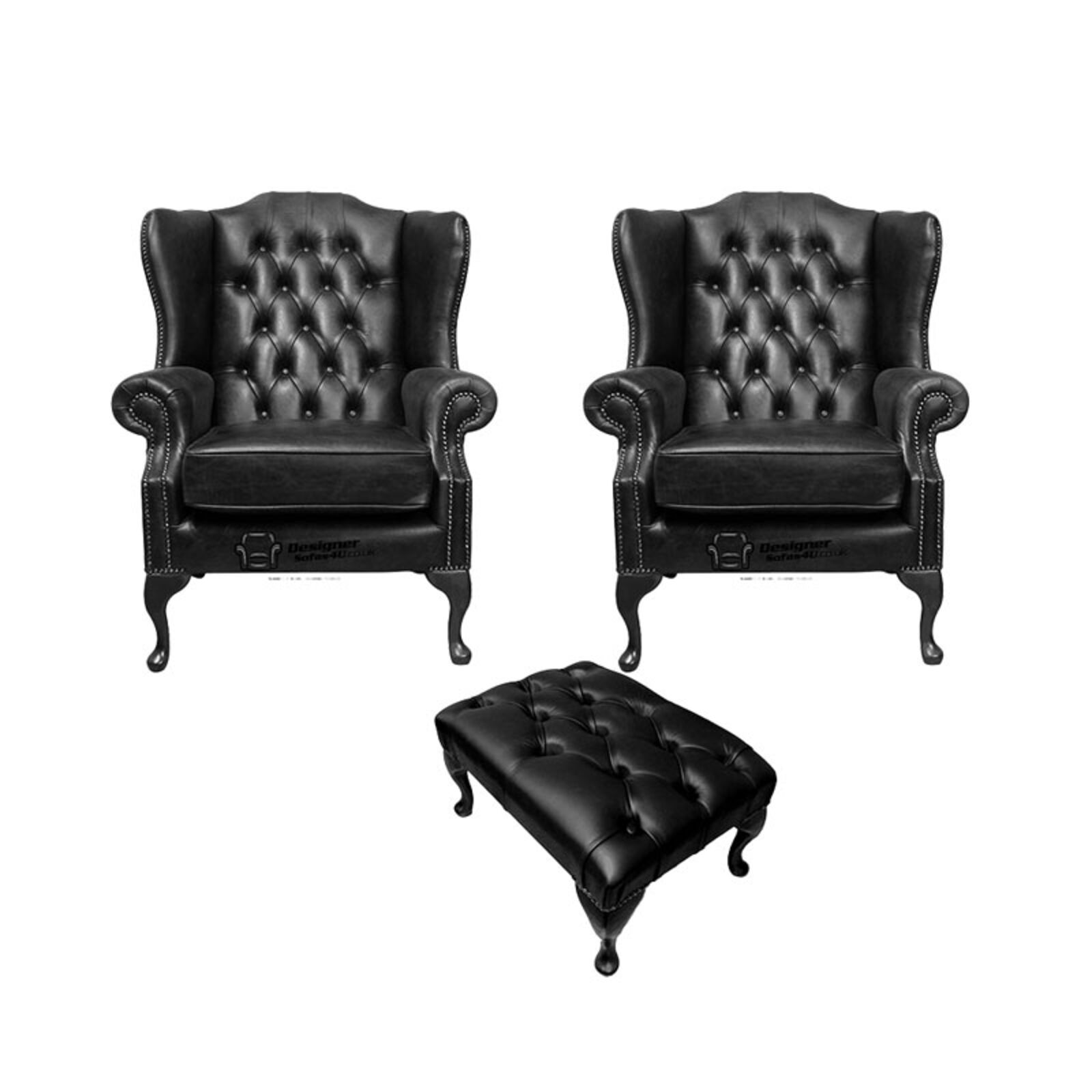 Product photograph of Chesterfield 2 X Mallory Wing Chairs Footstool Old English Black Leather Sofa Offer from Designer Sofas 4U