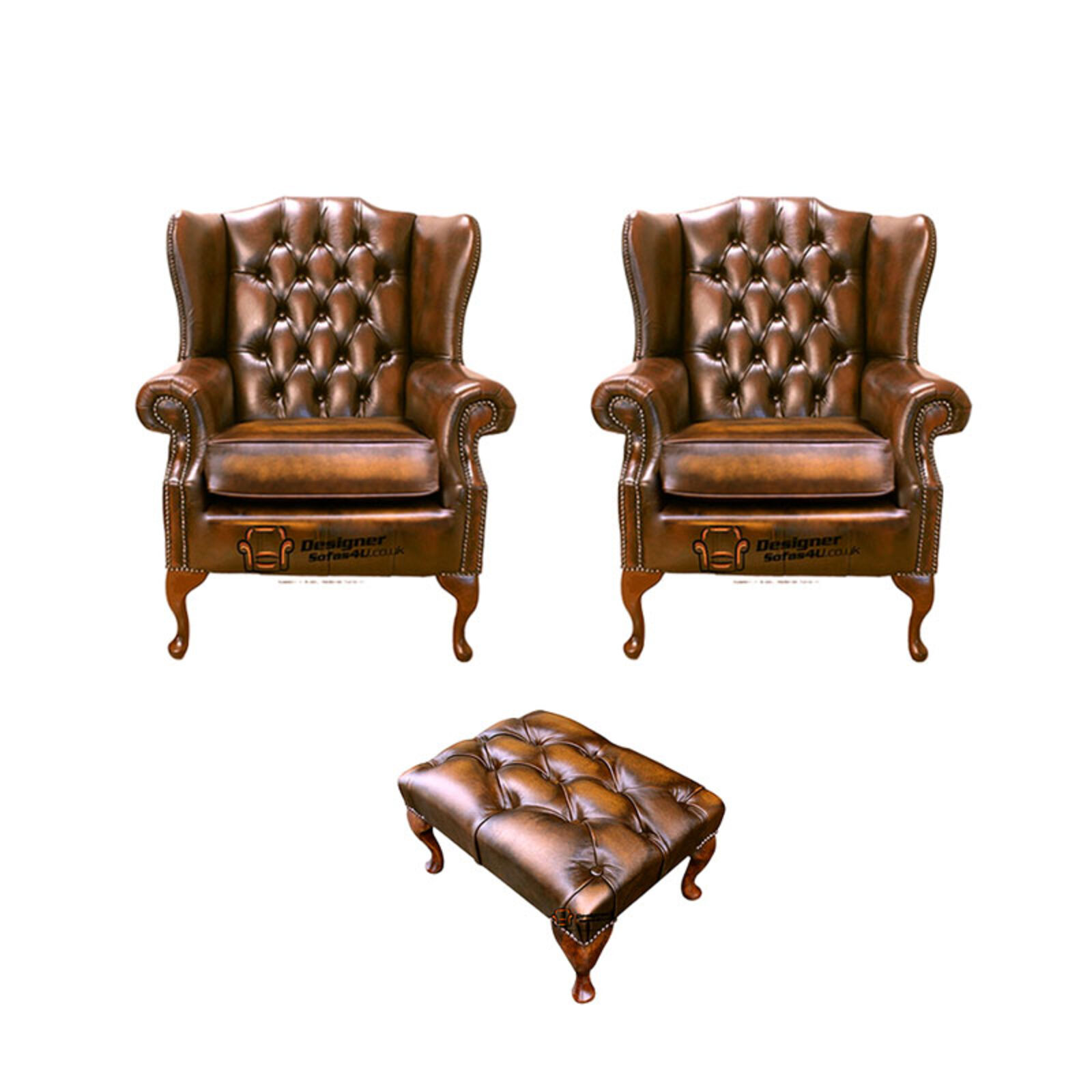 Product photograph of Chesterfield 2 X Mallory Wing Chair Footstool Leather Sofa Suite Offer Antique Gold from Designer Sofas 4U