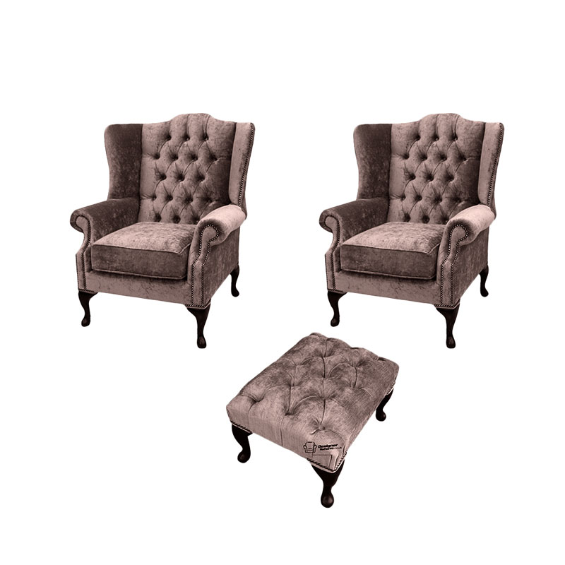 Chesterfield 2 X Mallory Wing Chairs Footstool Harmony Charcoal Velvet Sofa Suite Offer