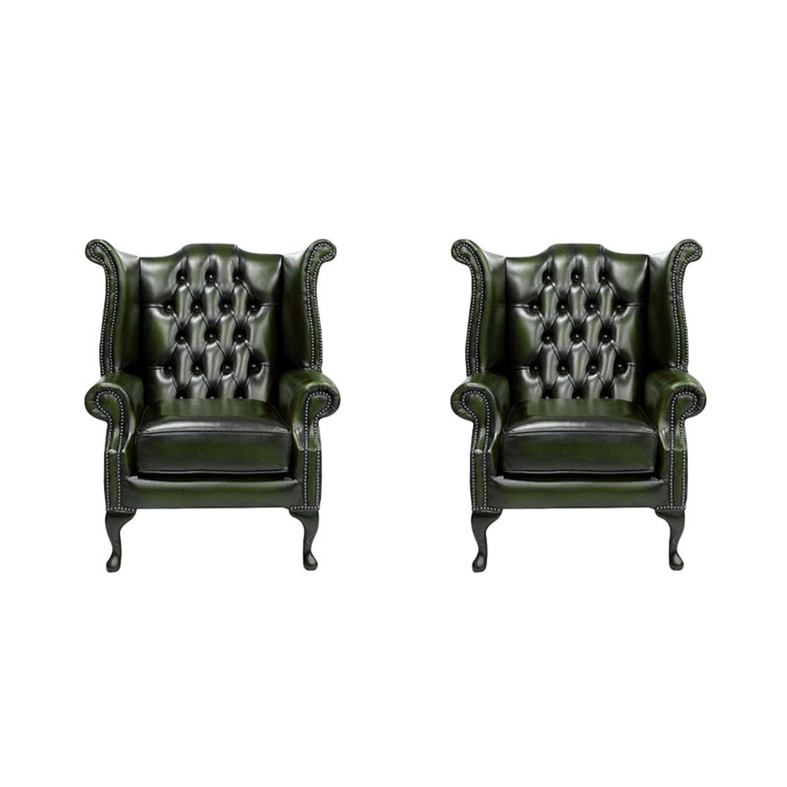 Product photograph of Chesterfield 2 X Queen Anne Chairs Leather Sofa Suite Offer Antique Green from Designer Sofas 4U