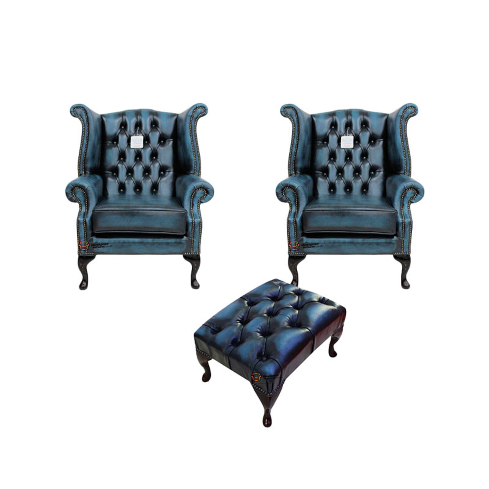 Product photograph of Chesterfield 2 X Queen Anne Chairs Footstool Leather Sofa Suite Offer Antique Blue from Designer Sofas 4U
