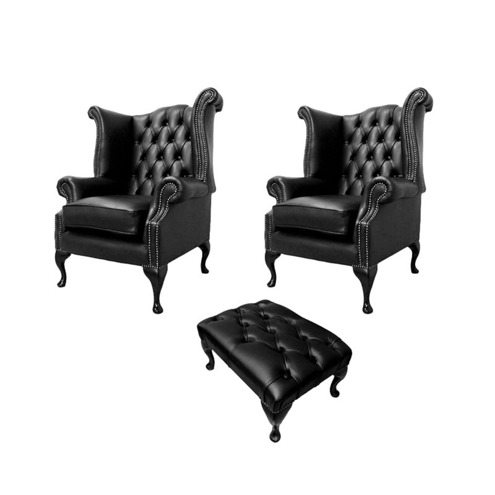 Product photograph of Chesterfield 2 X Queen Anne Chairs Footstool Old English Black Leather Sofa Offer from Designer Sofas 4U