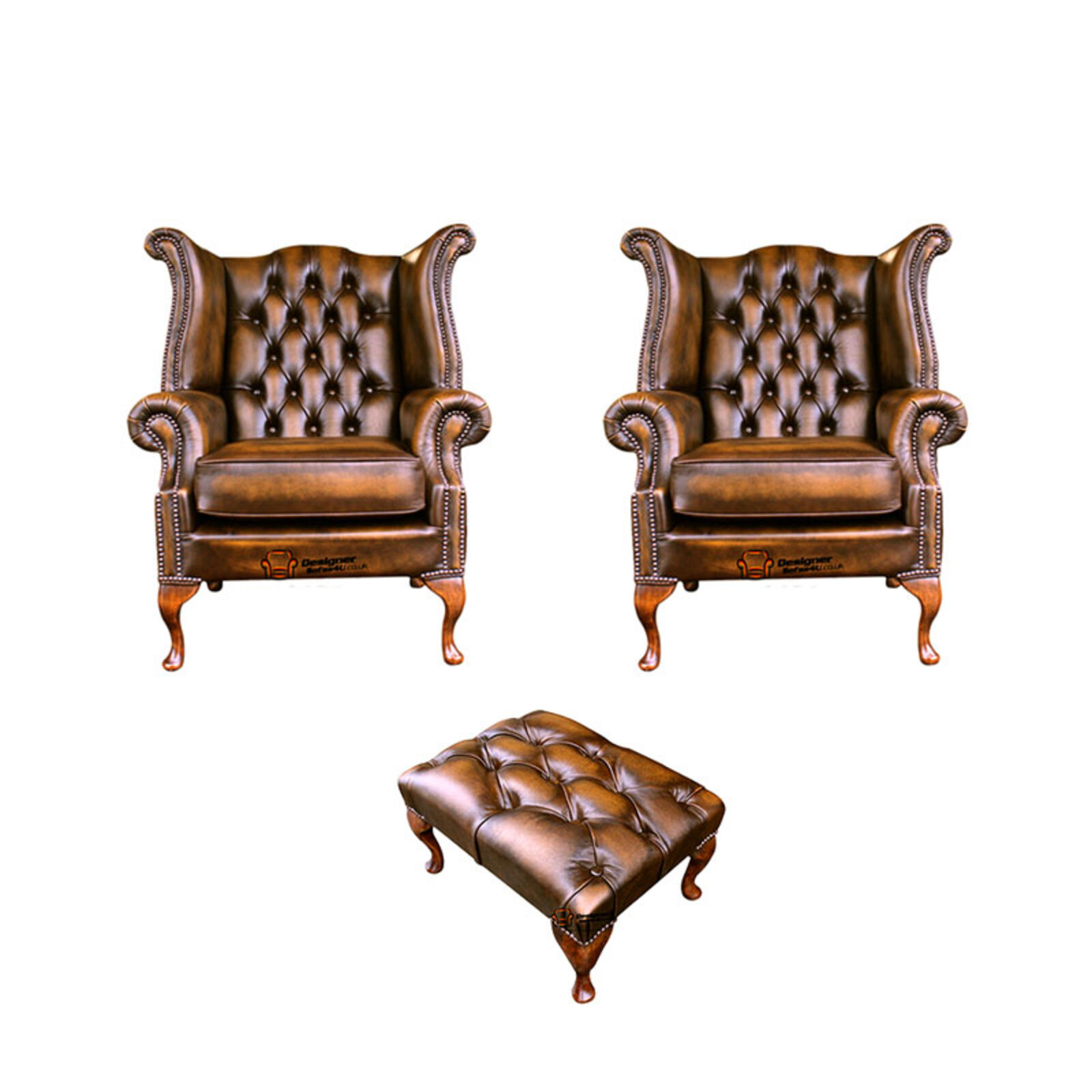 Product photograph of Chesterfield 2 X Queen Anne Chairs Footstool Leather Sofa Suite Offer Antique Gold from Designer Sofas 4U