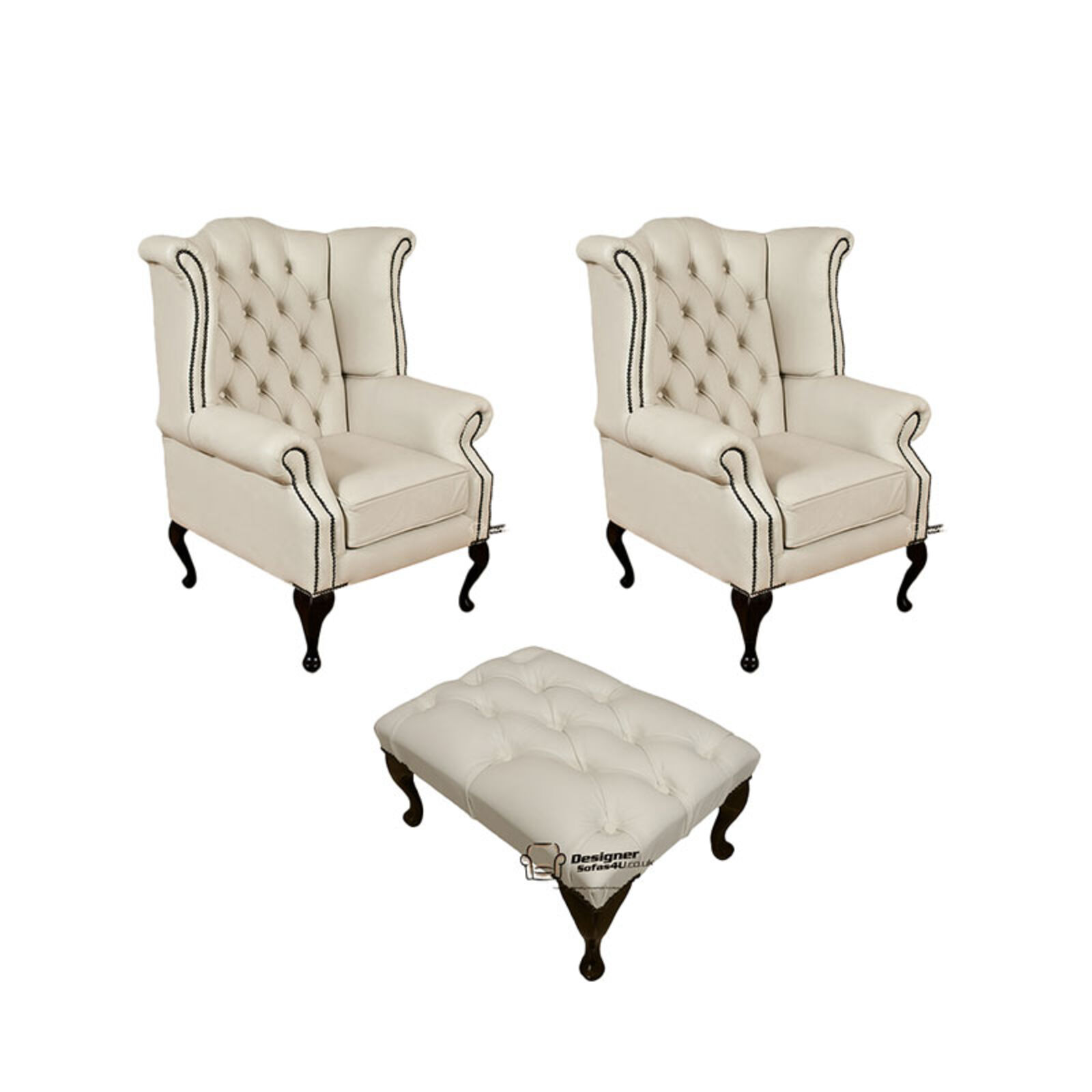 Product photograph of Chesterfield 2 X Queen Anne Chairs Footstool Leather Sofa Suite Offer Ivory from Designer Sofas 4U