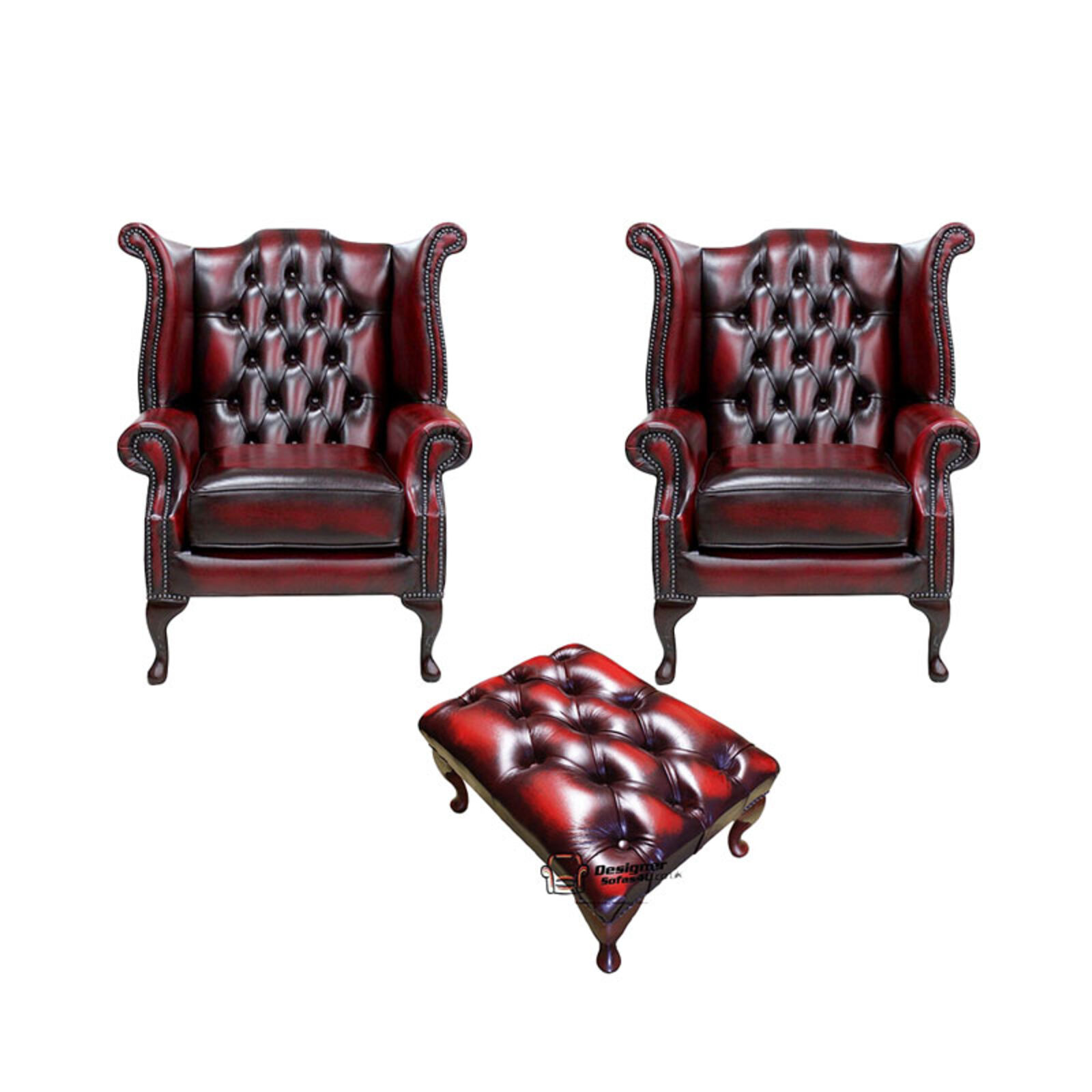 Product photograph of Chesterfield 2 X Queen Anne Chairs Footstool Leather Sofa Suite Offer Antique Oxblood from Designer Sofas 4U