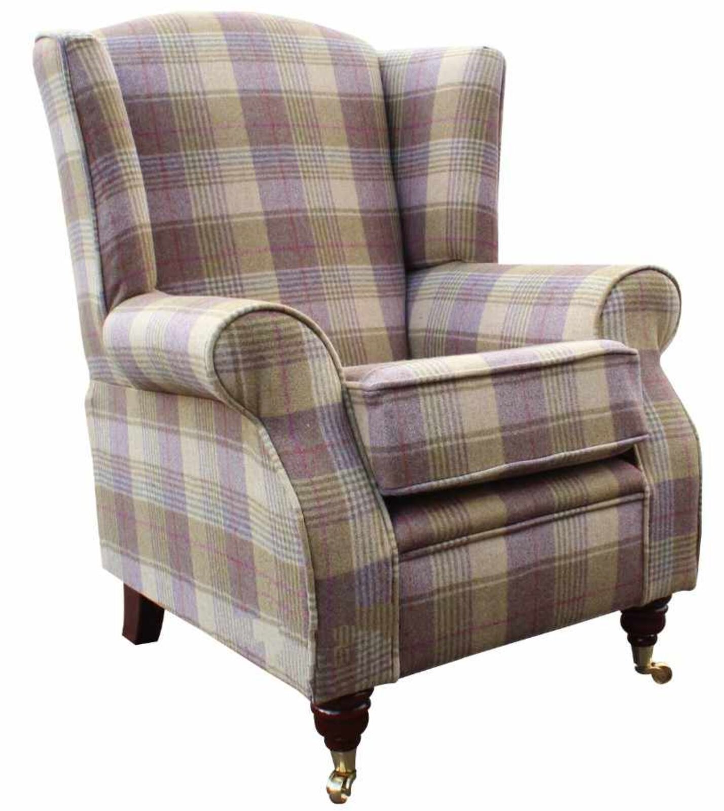 Product photograph of Arnold Wool Tweed Wing Chair Fireside High Back Armchair Hunting Tower Grape Check Fabric from Designer Sofas 4U