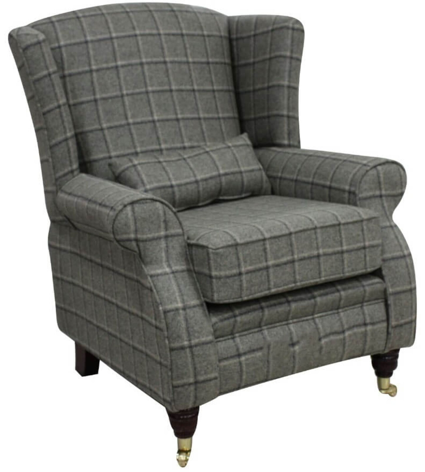 Product photograph of Arnold Wool Tweed Wing Chair Fireside High Back Armchair Harewood Graphite Check Fabric from Designer Sofas 4U