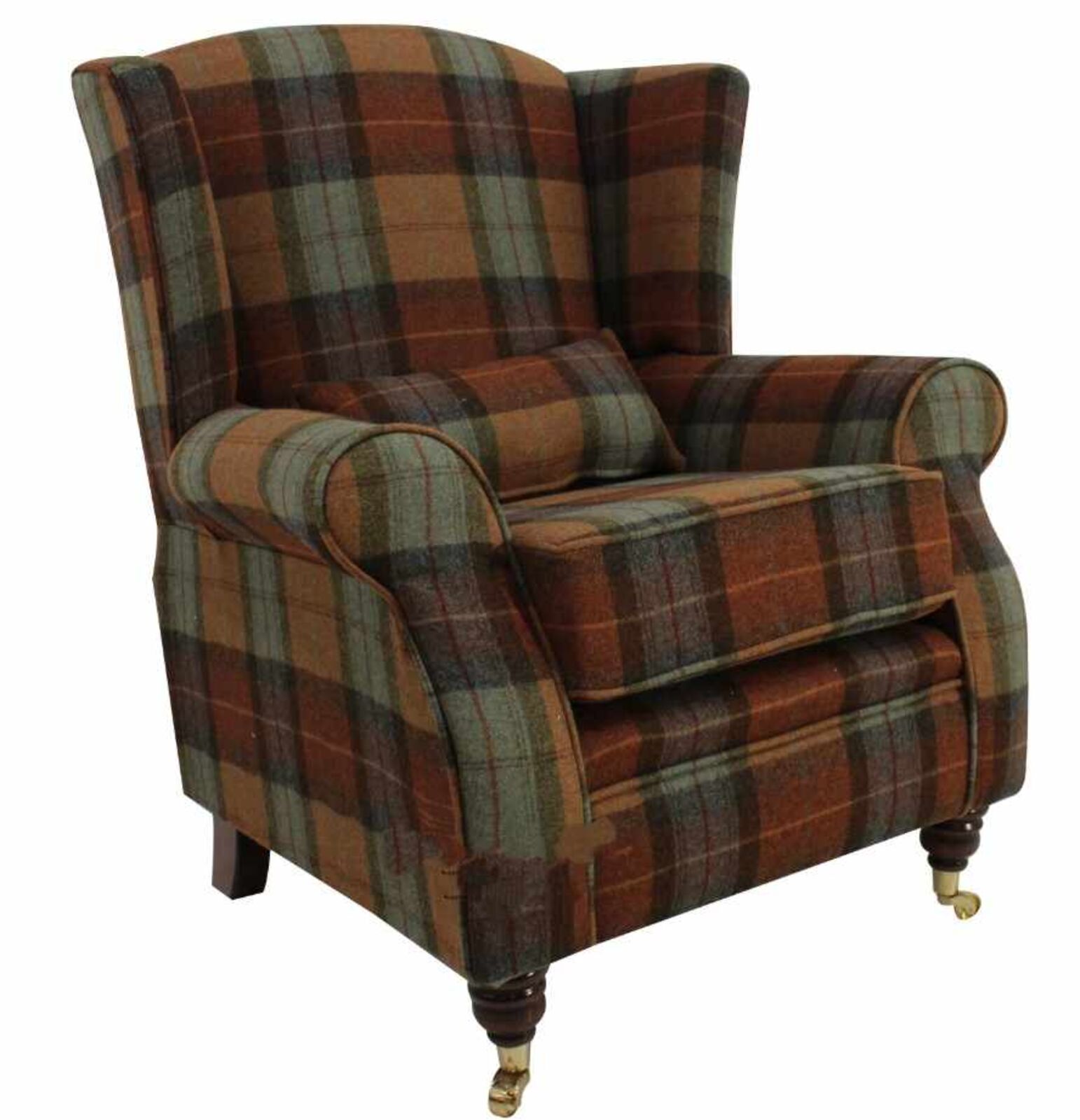 Product photograph of Wool Tweed Wing Chair High Back Armchair Skye Burnt Orange Check Wool from Designer Sofas 4U