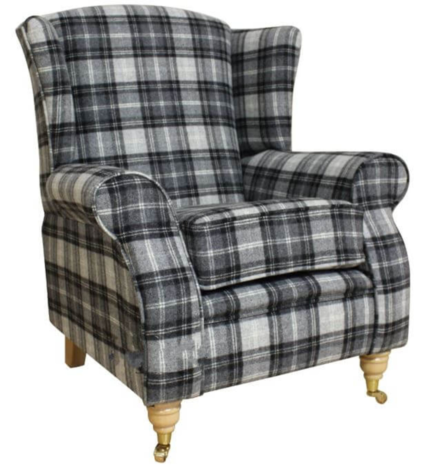 Product photograph of Arnold Wool Tweed Wing Chair Fireside High Back Armchair Fernie Grey Check Fabric from Designer Sofas 4U