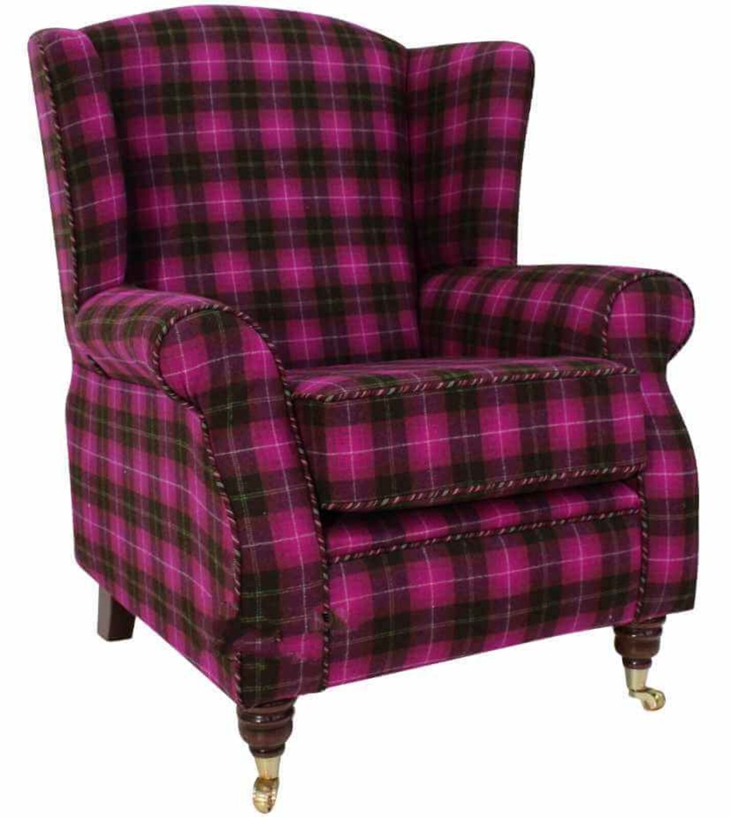 Product photograph of Arnold Wool Tweed Wing Chair Fireside High Back Armchair Wimbledon Multi Pink Check Fabric from Designer Sofas 4U