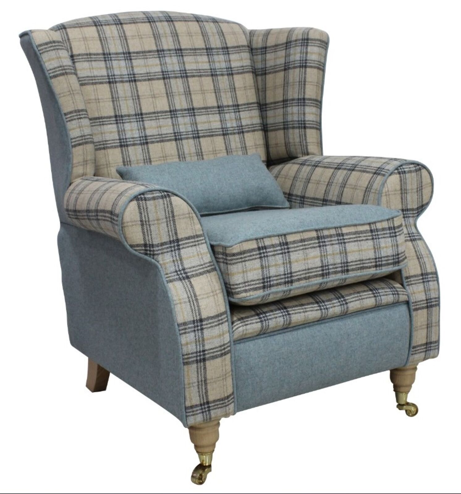 Product photograph of Arnold Wool Tweed Wing Chair Fireside High Back Armchair Plaid Bamburgh And Earth Eau De Nil from Designer Sofas 4U