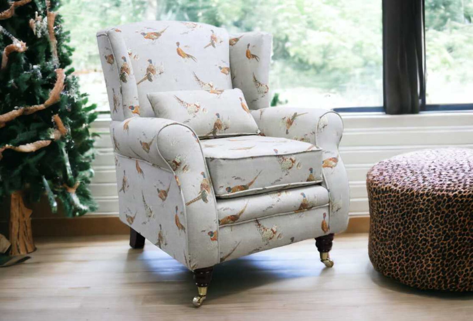 Product photograph of Arnold Wing Chair Fireside High Back Armchair Pheasant Natural Fabric from Designer Sofas 4U