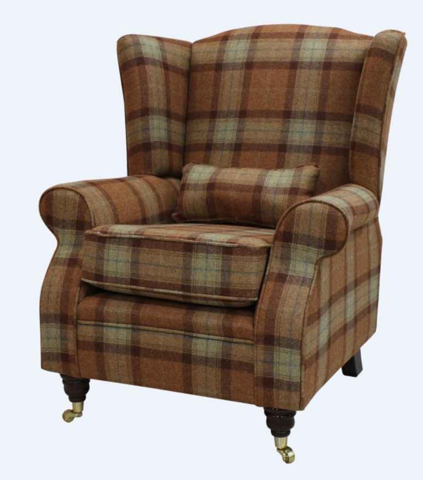 Product photograph of Arnold Wool Tweed Wing Chair Fireside High Back Armchair Skye Rust Check Fabric from Designer Sofas 4U