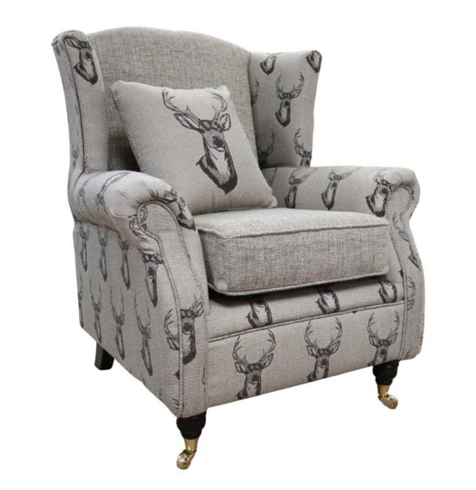 Product photograph of Deer Print Wing Chair Fireside High Back Armchair Brown Fabric from Designer Sofas 4U