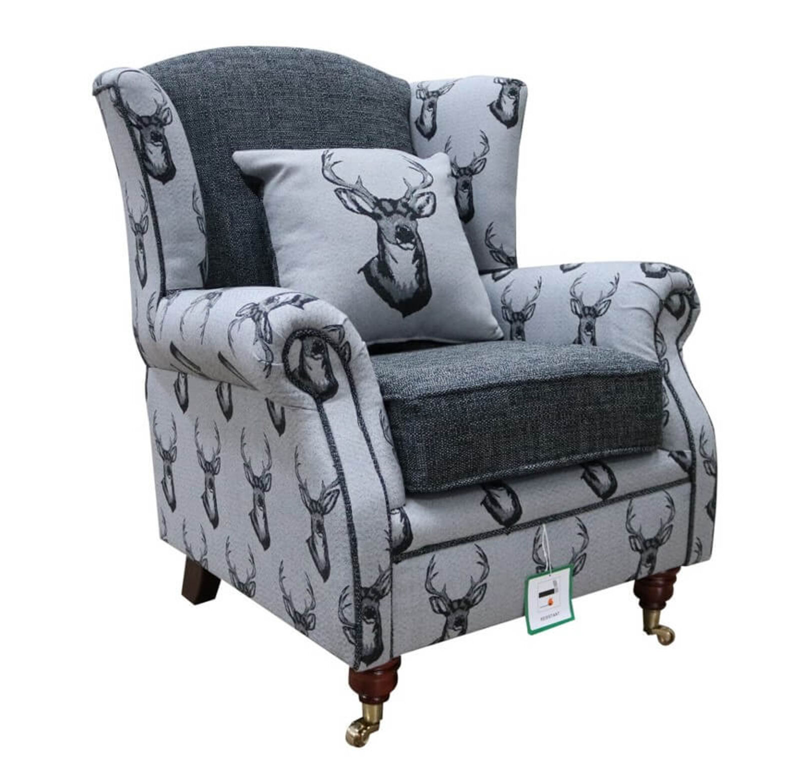 Product photograph of Deer Print Wing Chair Fireside High Back Armchair Grey Fabric from Designer Sofas 4U