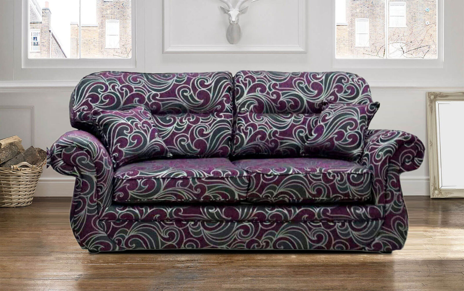 Product photograph of Figaro Pattern Grape Fabric Claremont 3 Seater Sofa Settee Designersofas4u from Designer Sofas 4U
