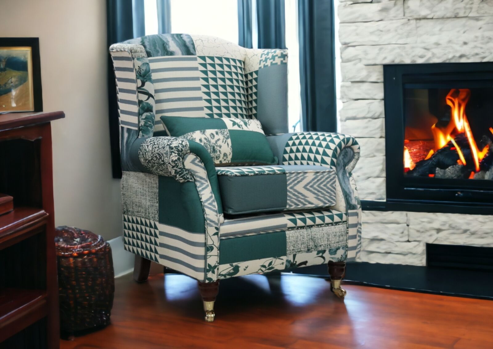 Product photograph of Wing Chair Fireside High Back Armchair Charles Patchwork Green Fabric from Designer Sofas 4U