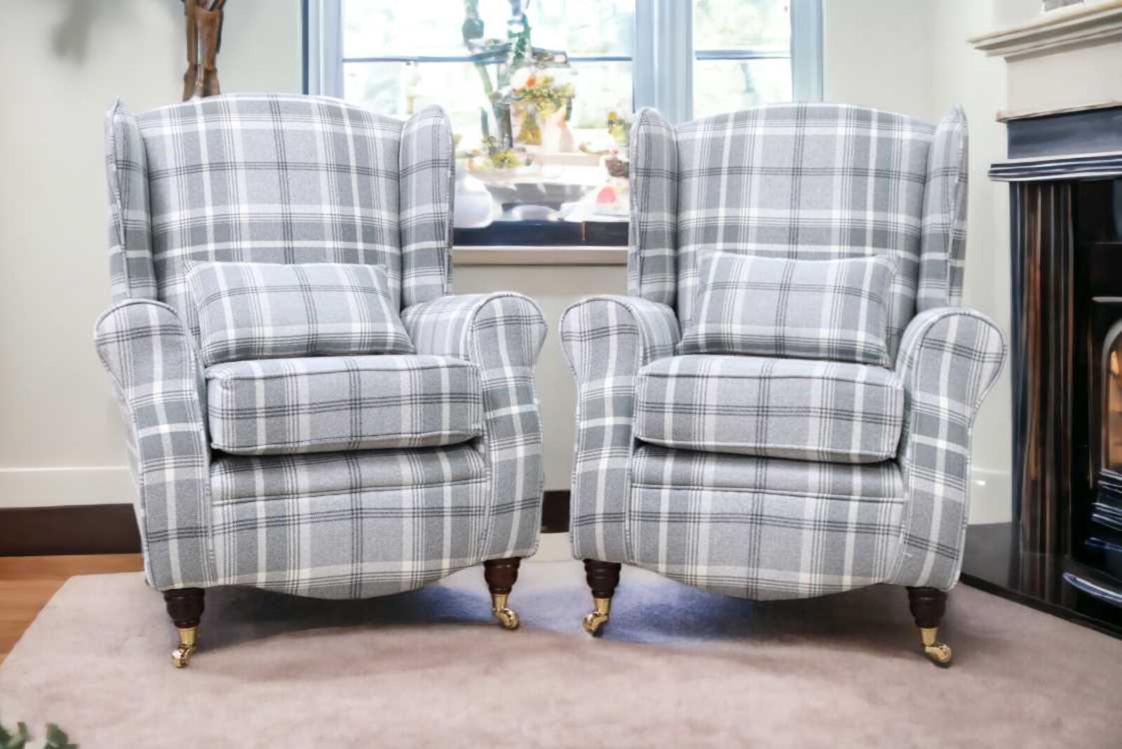 Product photograph of 2 X Sherlock Wingback Fireside High Back Armchairs Balmoral Dove Grey Check P Amp S from Designer Sofas 4U