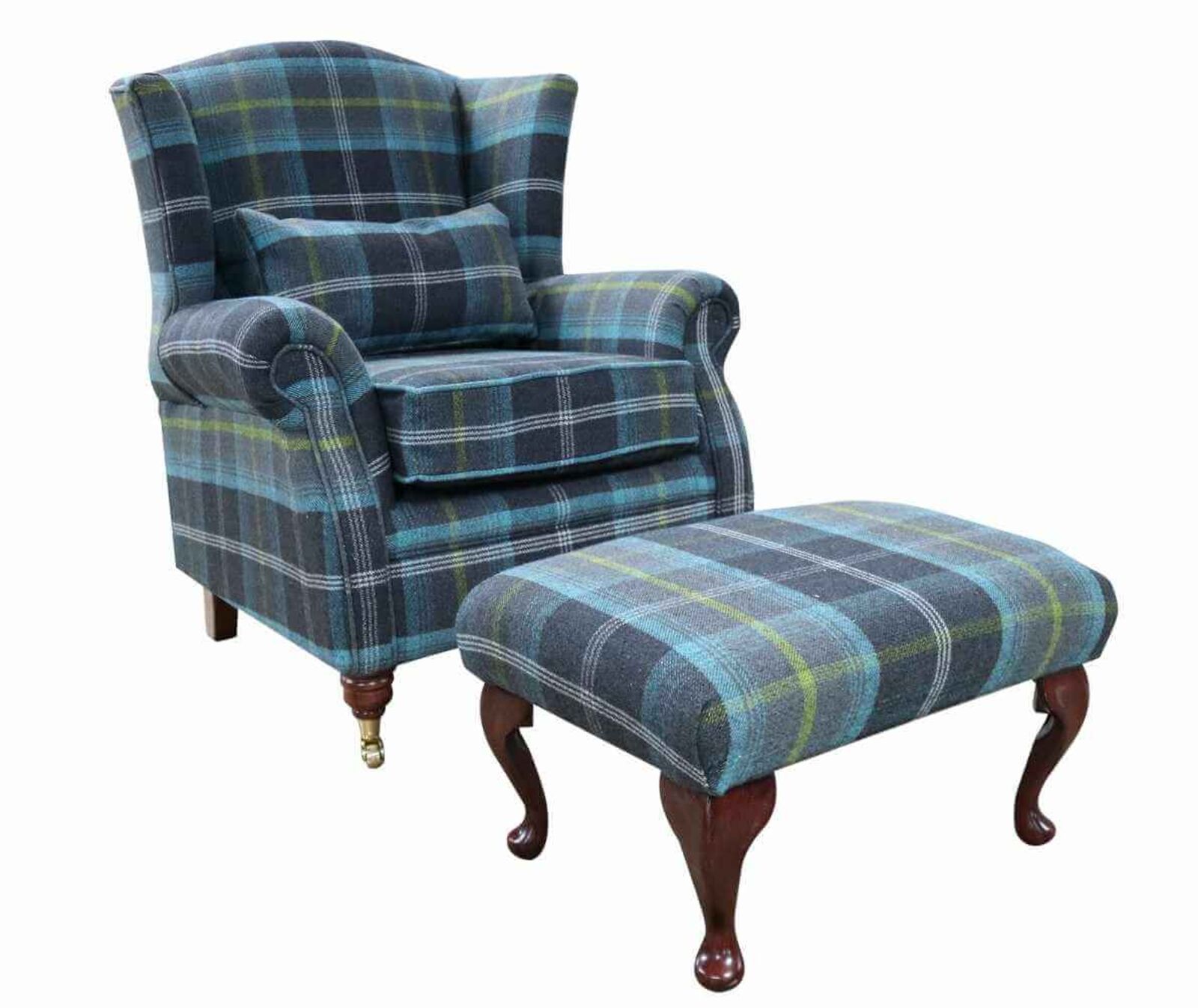 Product photograph of Wing Chair Fireside High Back Armchair Footstool Balmoral Azure Check Fabric P Amp S from Designer Sofas 4U