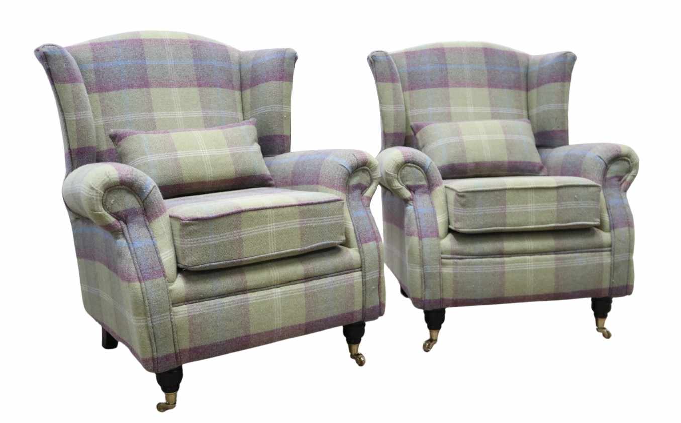 Balmoral Pistachio Check High Back Wing Chairs Armchairs