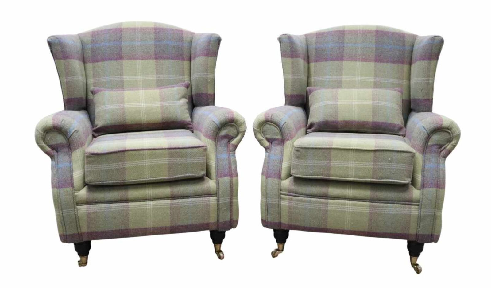 Product photograph of 2 X Wing Chair Fireside High Back Armchairs Balmoral Pistachio Check Fabric P Amp S from Designer Sofas 4U