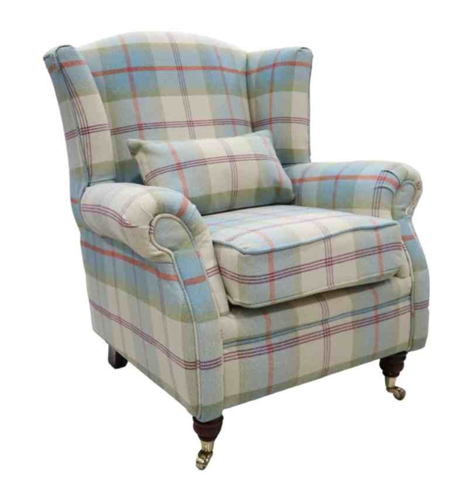 Product photograph of Wing Chair Fireside High Back Armchair Balmoral Aqua Blue Check Fabric P Amp S from Designer Sofas 4U