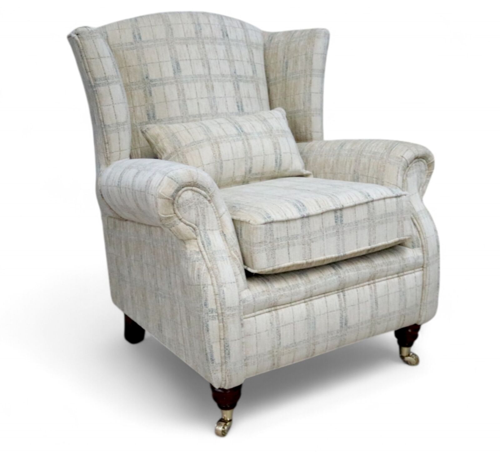 Product photograph of Wing Chair Fireside High Back Armchair Brunswick Plaid Oyster from Designer Sofas 4U