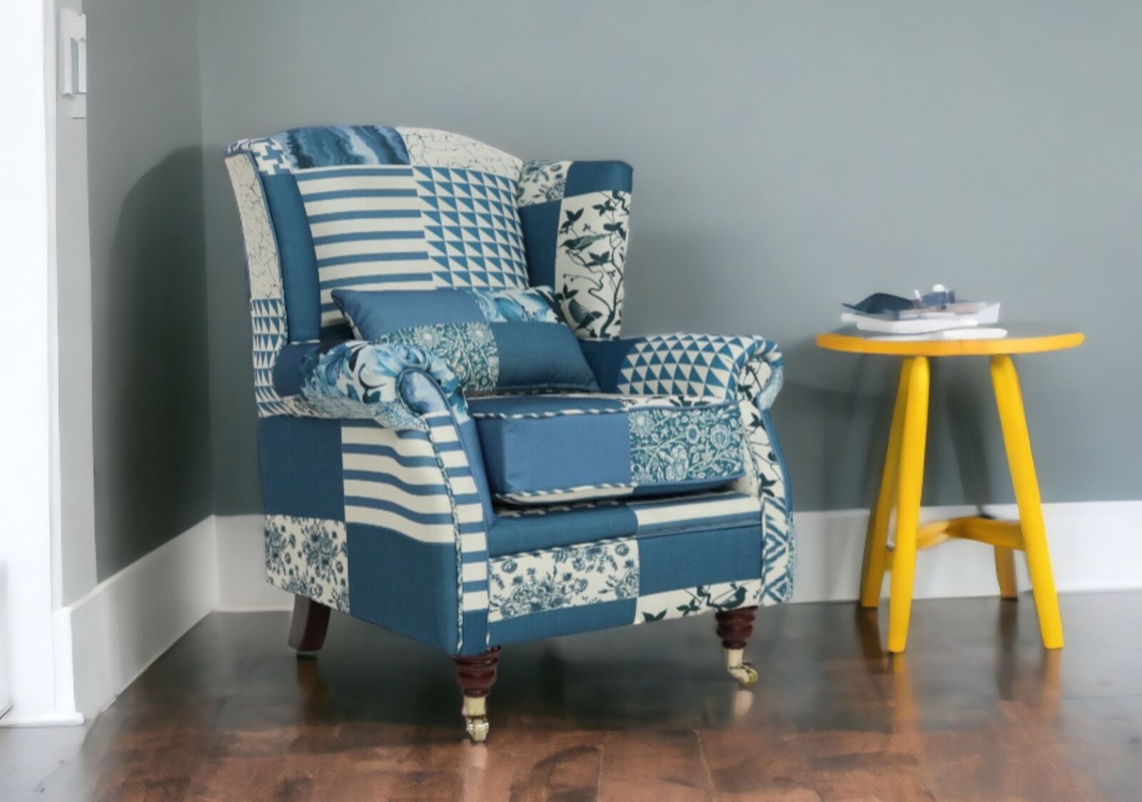 Product photograph of Wing Chair Fireside High Back Armchair Charles Patchwork Blue Fabric from Designer Sofas 4U