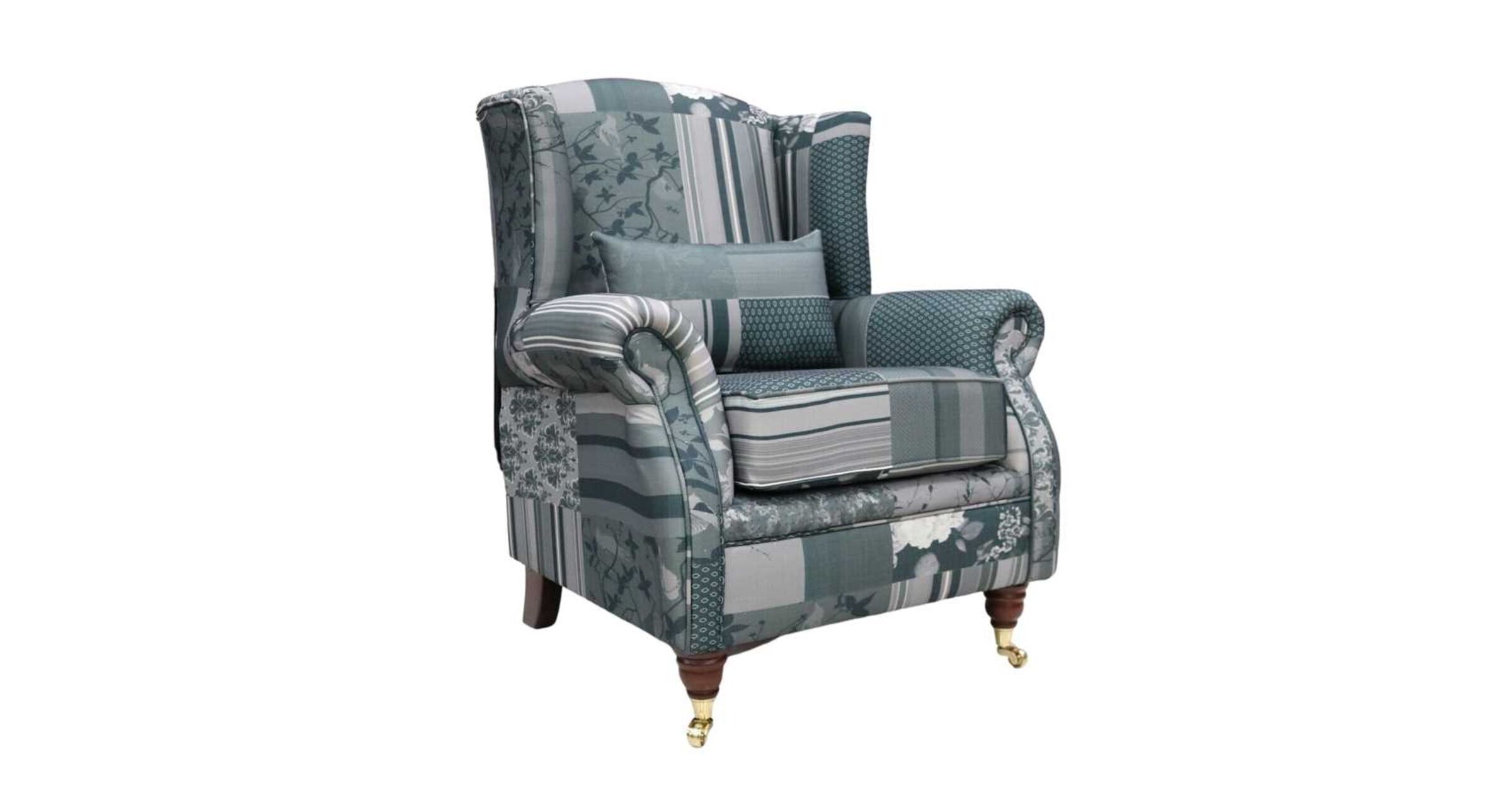 Wing Chair Fireside High Back Armchair Charles Patchwork Grey Fabric