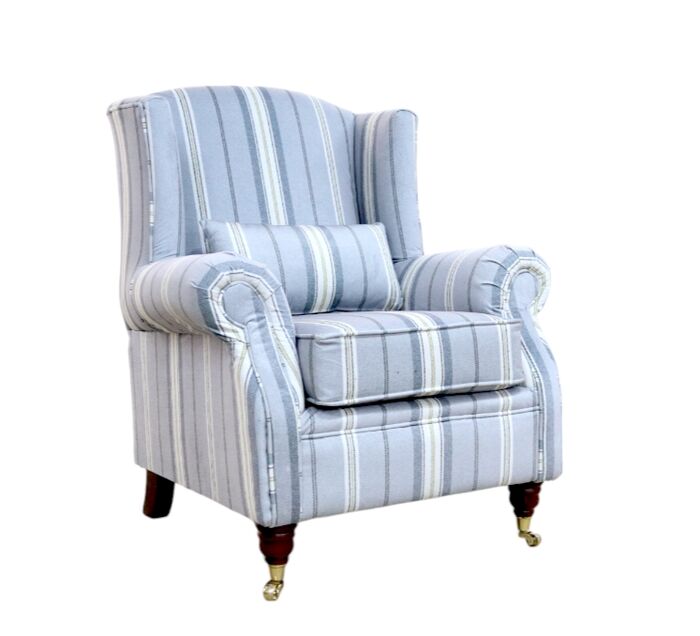 Wing Chair Fireside High Back Armchair Cloud Grey Stripe Fabric