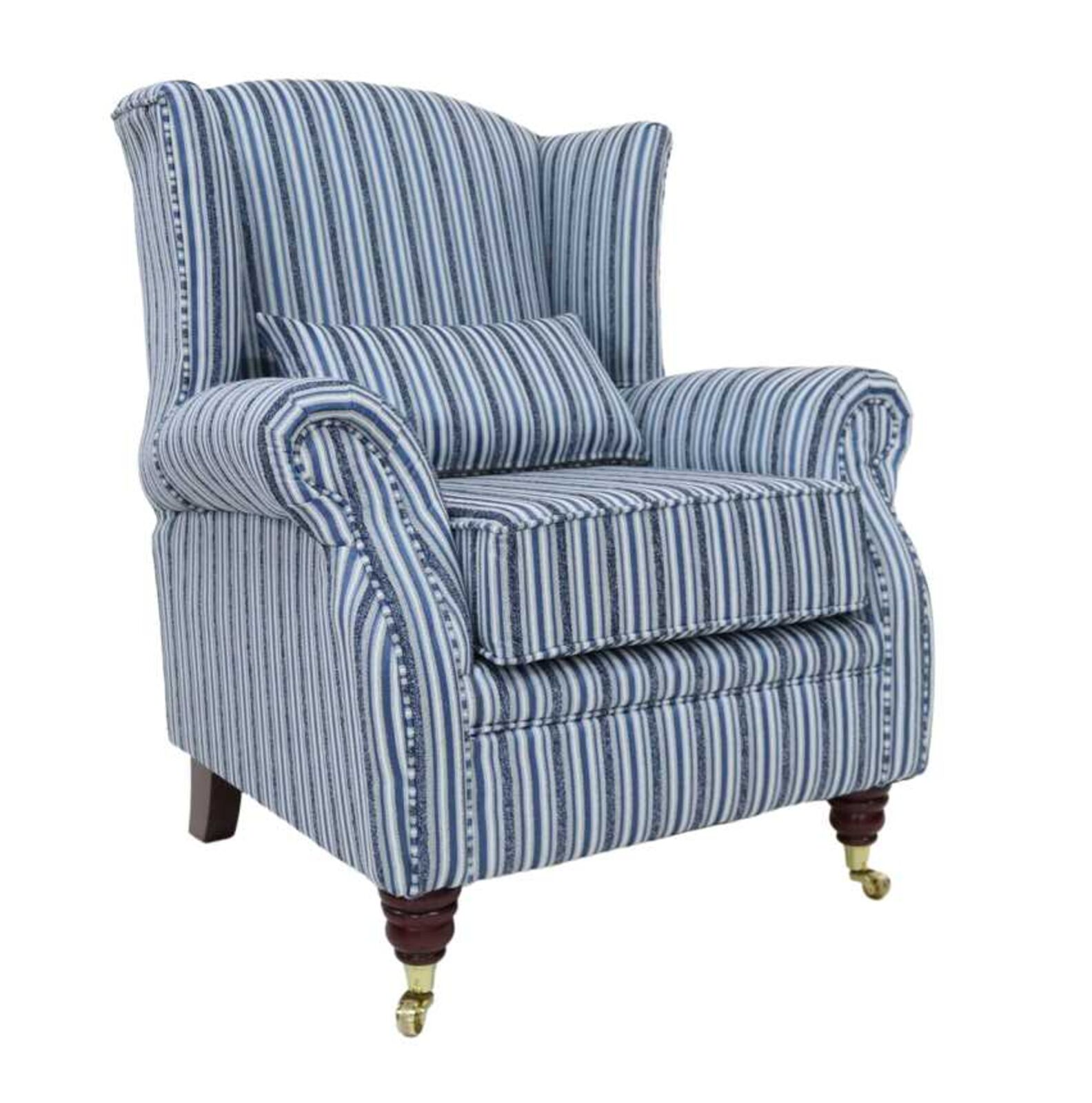 Product photograph of Wing Chair Fireside High Back Armchair Estell Indigo Stripe Stock from Designer Sofas 4U