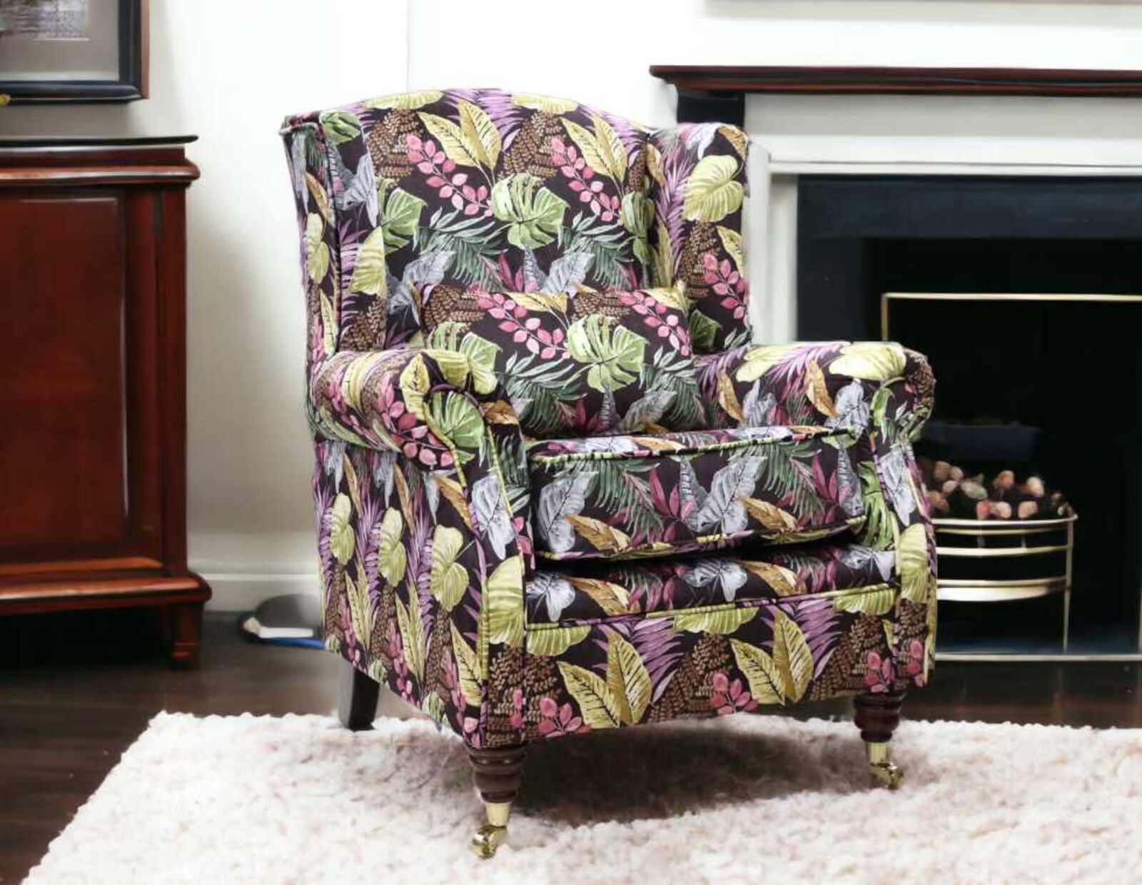 Product photograph of Wing Chair Fireside High Back Armchair Foliage Aubergine Stock from Designer Sofas 4U