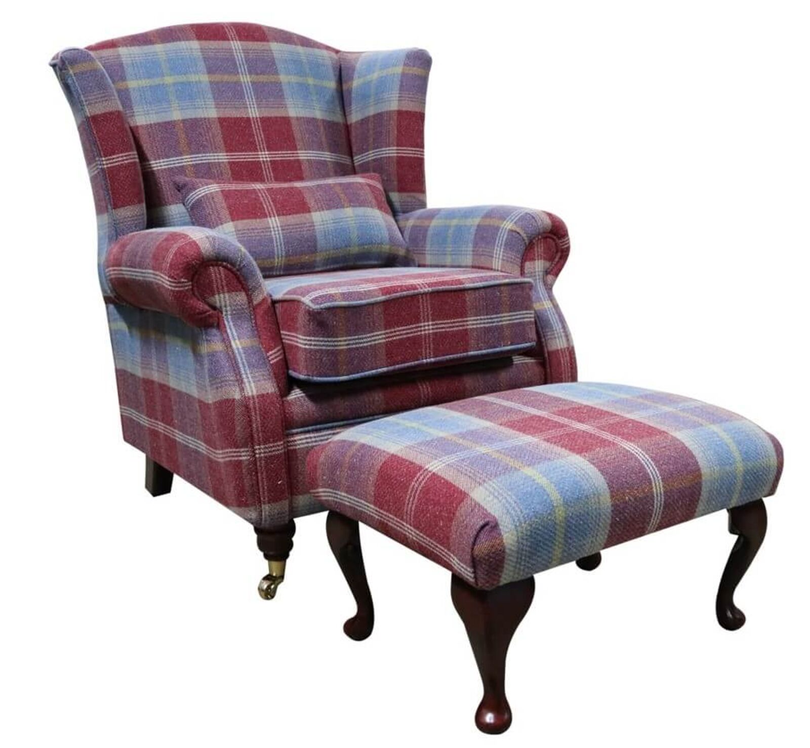 Product photograph of Wing Chair Fireside High Back Armchair Footstool Balmoral Ruby Check Fabric P Amp S from Designer Sofas 4U