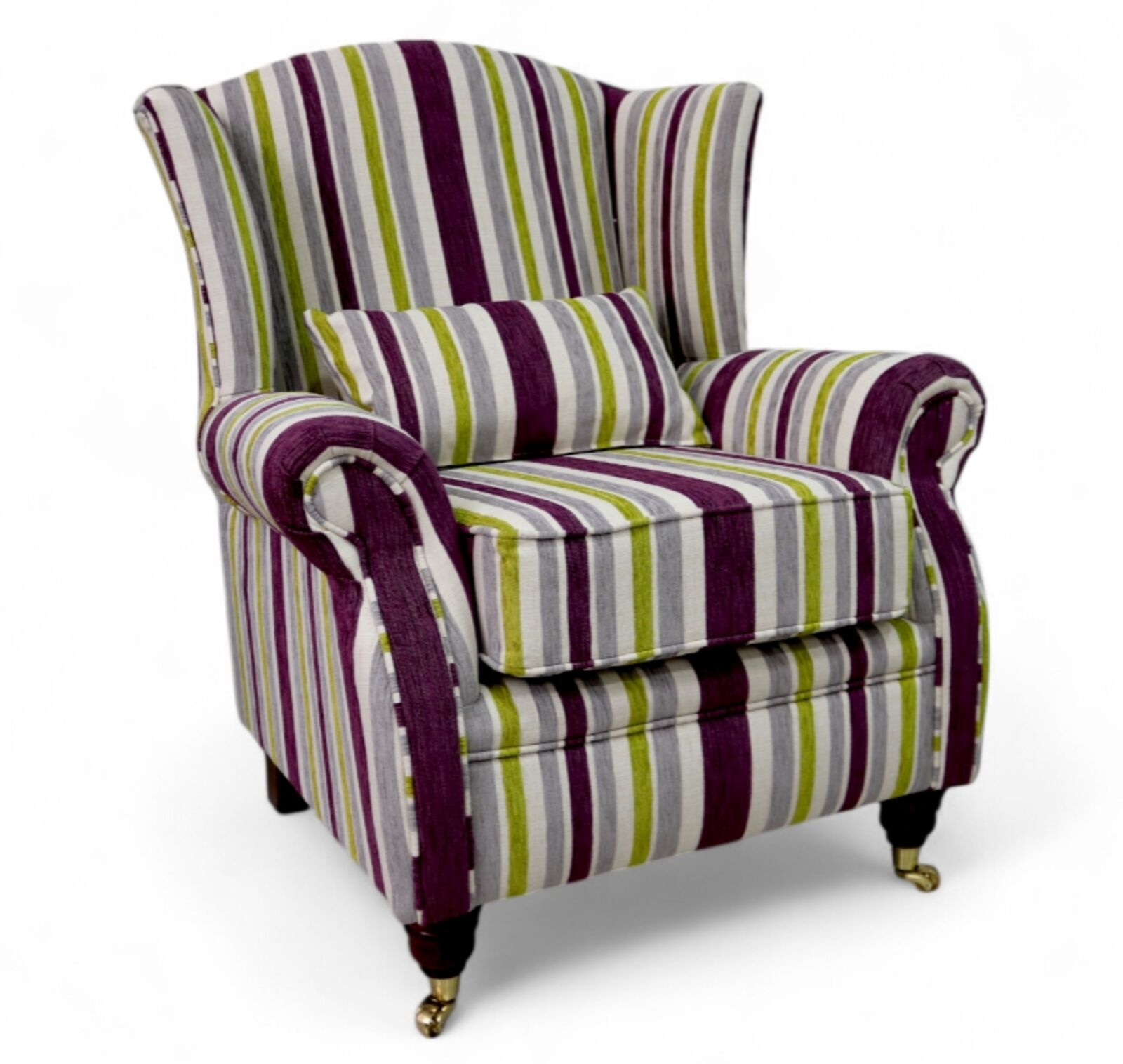 Product photograph of Wing Chair Fireside High Back Armchair Justin Stripe Lilac from Designer Sofas 4U