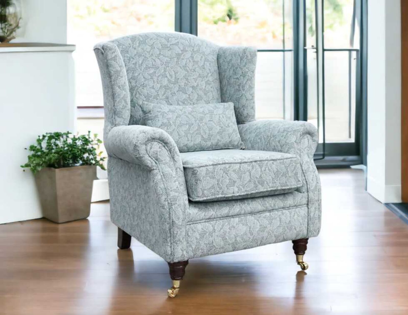 Product photograph of Wing Chair Fireside High Back Armchair Bergamo Floral Duck Egg Fabric from Designer Sofas 4U