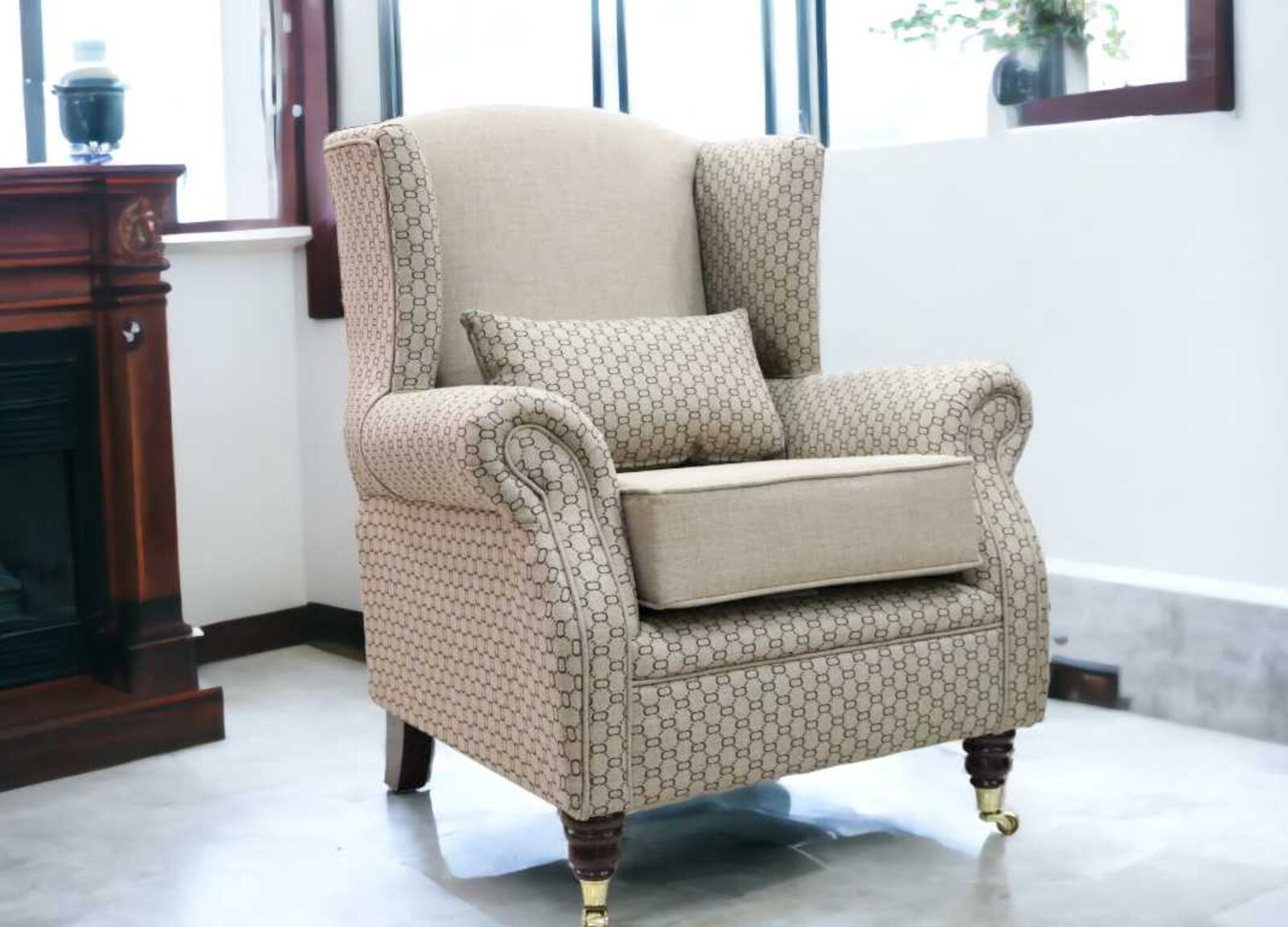 Product photograph of Wing Chair Fireside High Back Armchair Gucci Inspired Fabric from Designer Sofas 4U