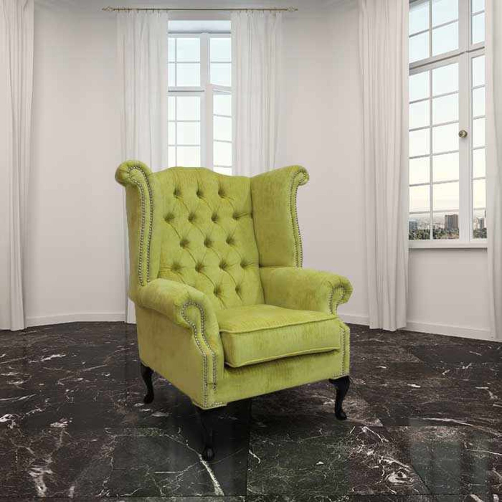 Product photograph of Chesterfield Fabric Queen Anne High Back Wing Chair Azzuro Harvest Fabric from Designer Sofas 4U