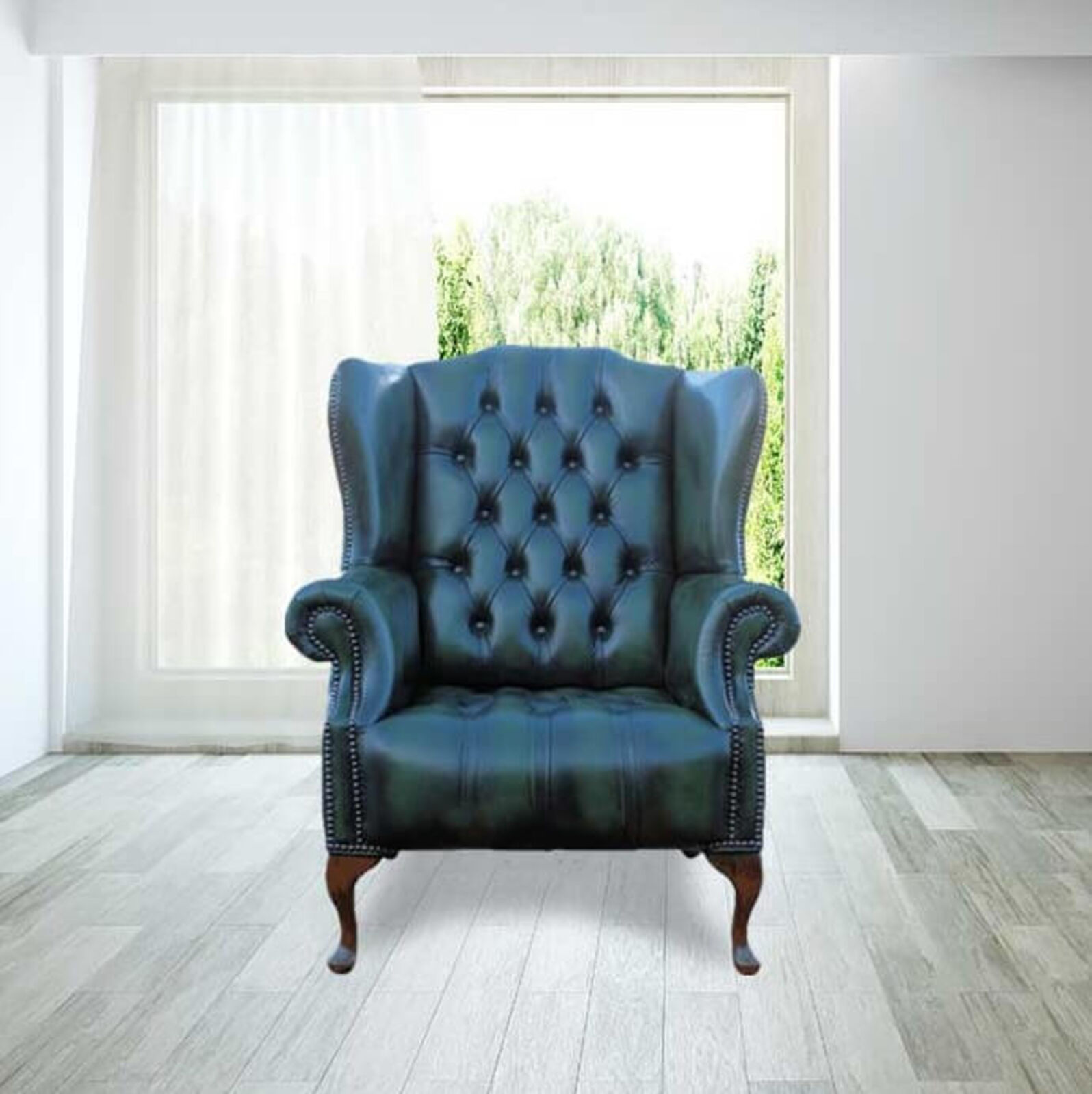 Product photograph of Chesterfield Stirling Buttoned Seat Flat Wing High Back Wing Armchair Uk Manufactured Antique Green from Designer Sofas 4U