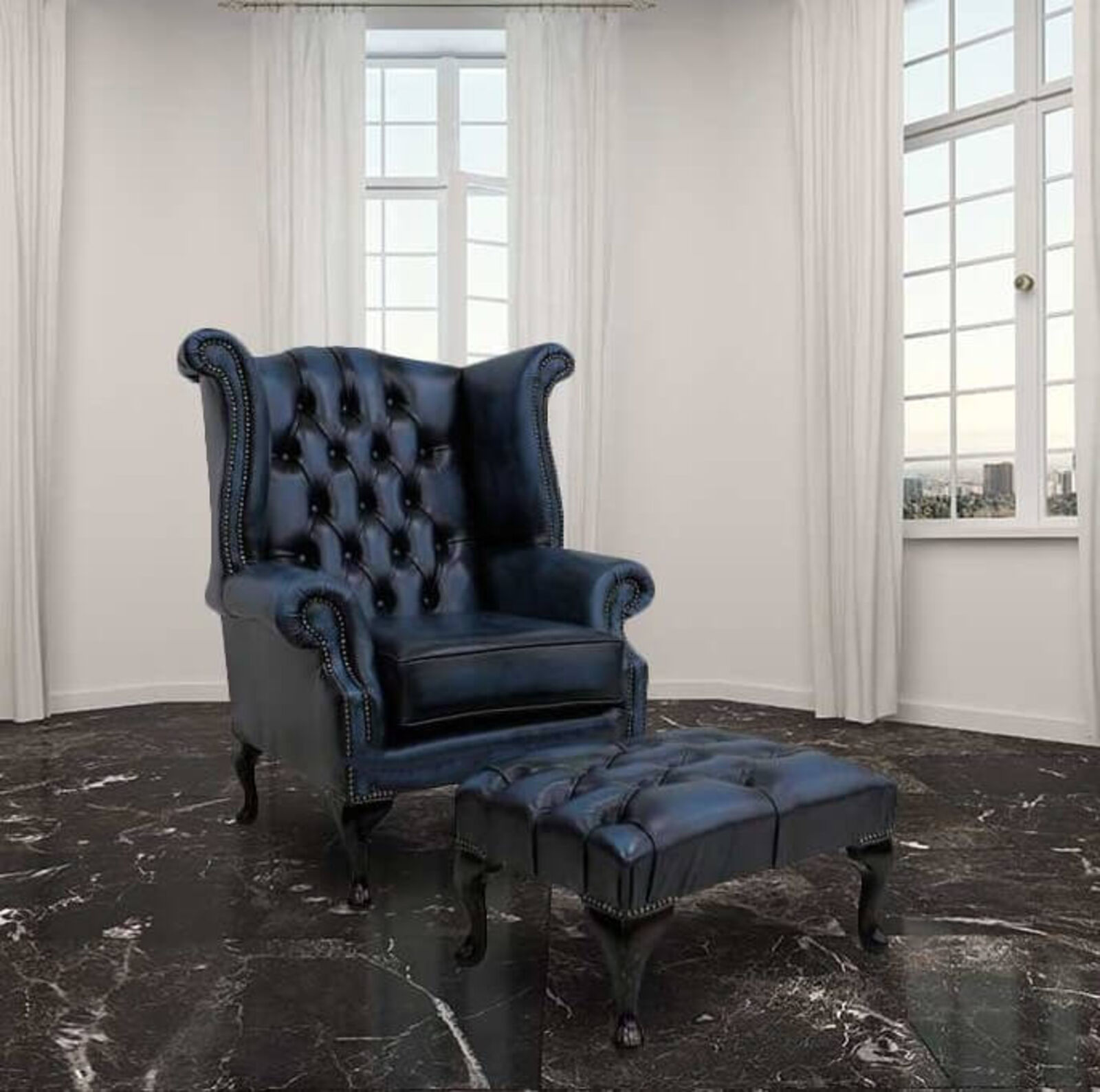 Product photograph of Chesterfield Offer Queen Anne High Back Wing Chair Antique Blue Leather Footstool from Designer Sofas 4U