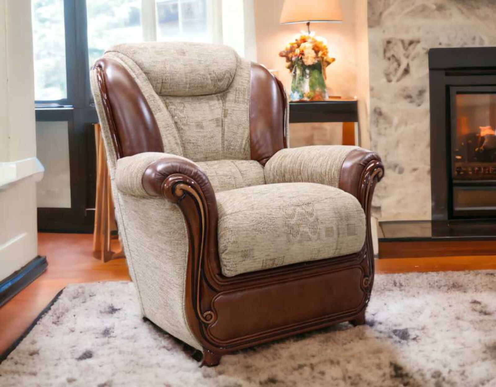 Product photograph of Ravello Genuine Italian Tabak Leather And Fabric Armchair from Designer Sofas 4U