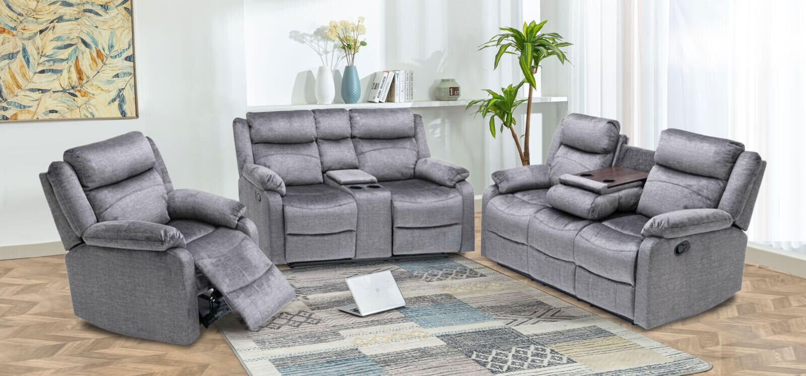 Product photograph of Reggie 3 2 1 Seats Grey Fabric Recliner Sofa Suites from Designer Sofas 4U