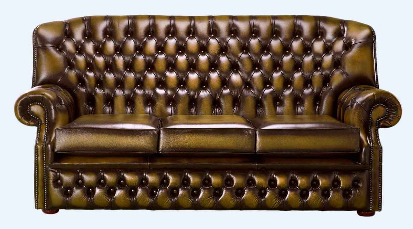 Product photograph of Chesterfield Fixed Back Monks 3 Seater Sofa Antique Gold Leather from Designer Sofas 4U