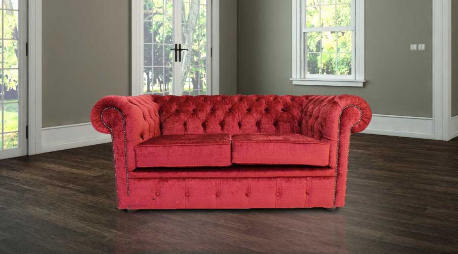 Product photograph of Chesterfield 2 Seater Settee Avanti Carmine Wine Textured Velvet Fabric Sofa Offer from Designer Sofas 4U