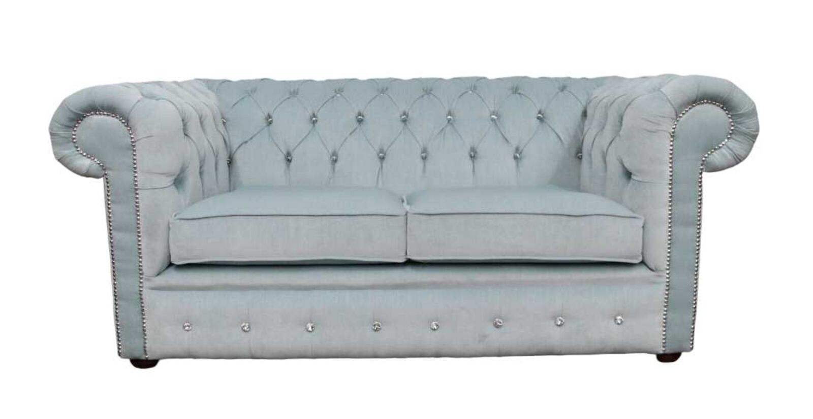 Product photograph of Chesterfield Crystal Diamond 2 Seater Duck Egg Blue Fabric Sofa Stock from Designer Sofas 4U